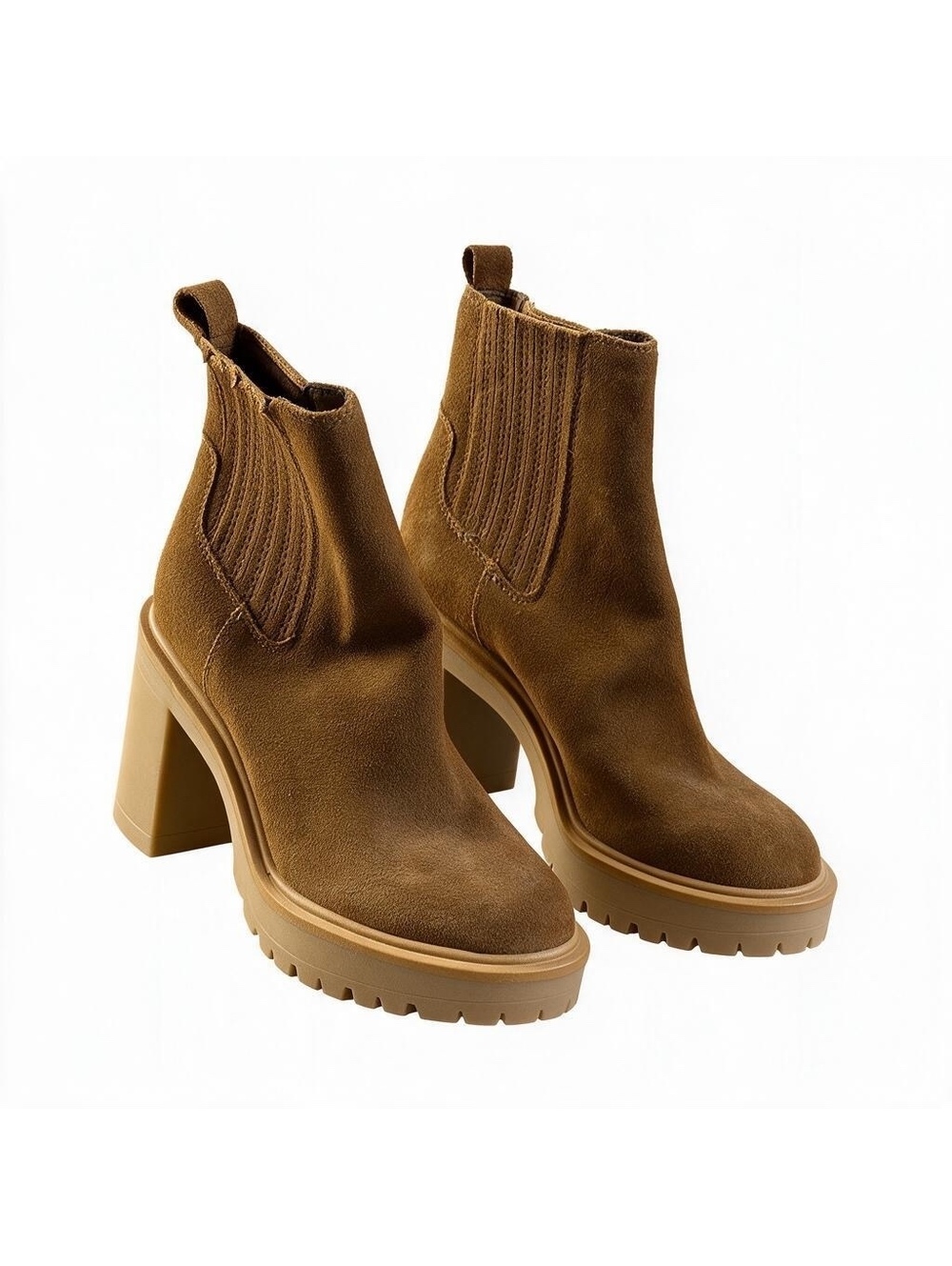 Dolce Vita Brown Suede Chelsea Ankle Booties Lug Sole Platform Block Heel NWOB